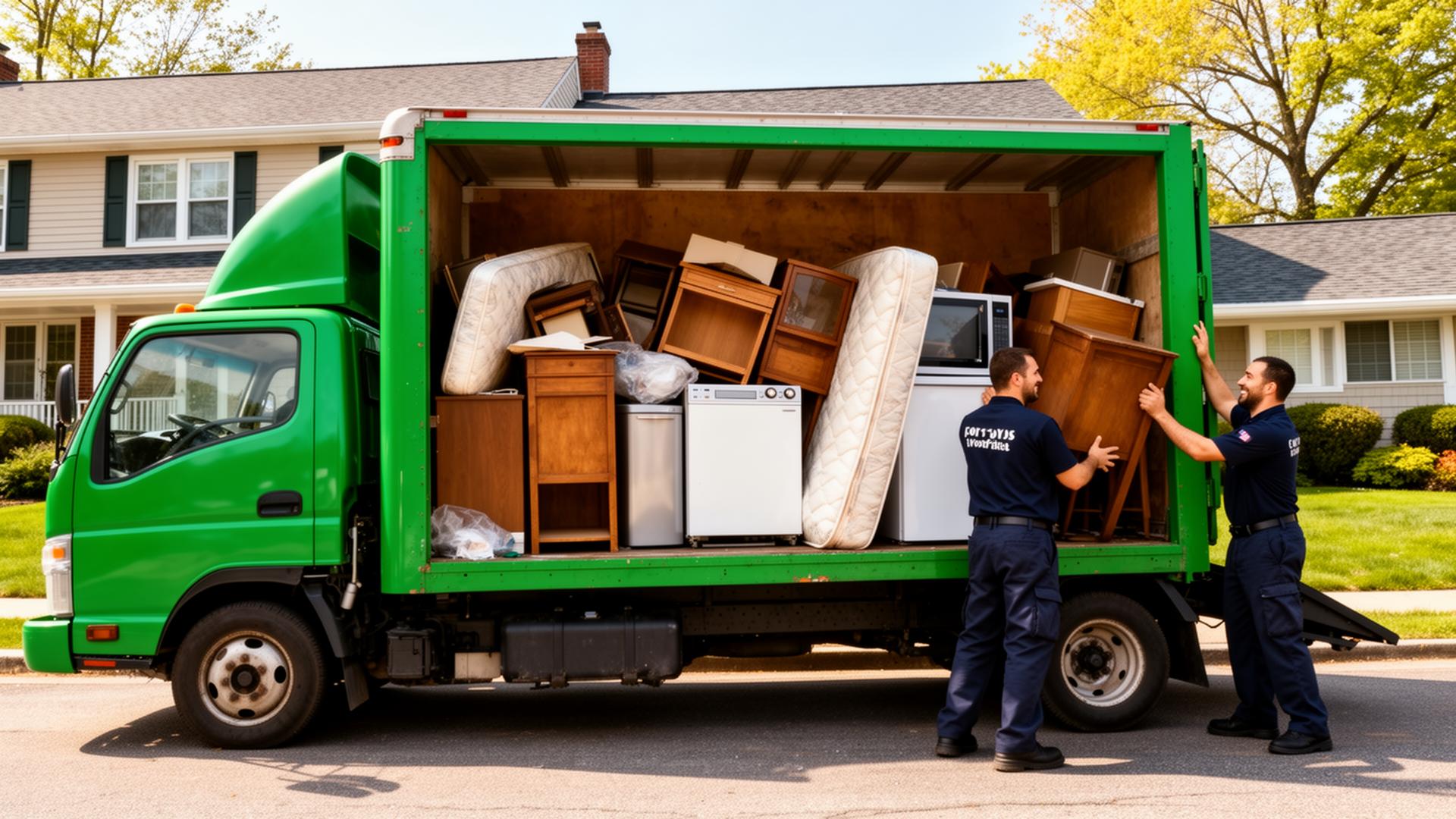 JVJ Junk Removal green truck loaded with furniture and appliances